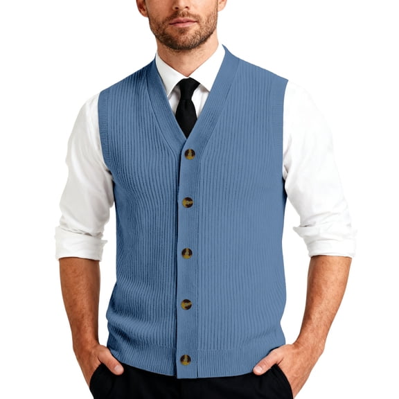 Resicozy Men's Sleeveless Sweater Vest V Neck Casual Knit Button Down Solid Color Cardigan Vest Dark Blue M