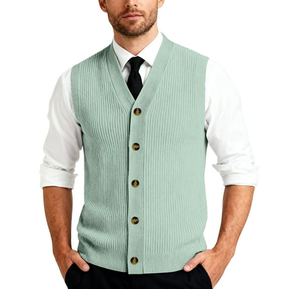 Resicozy Men's Sleeveless Sweater Vest V-Neck Casual Knit Button Down Solid Color Cardigan Vest Light Green XL