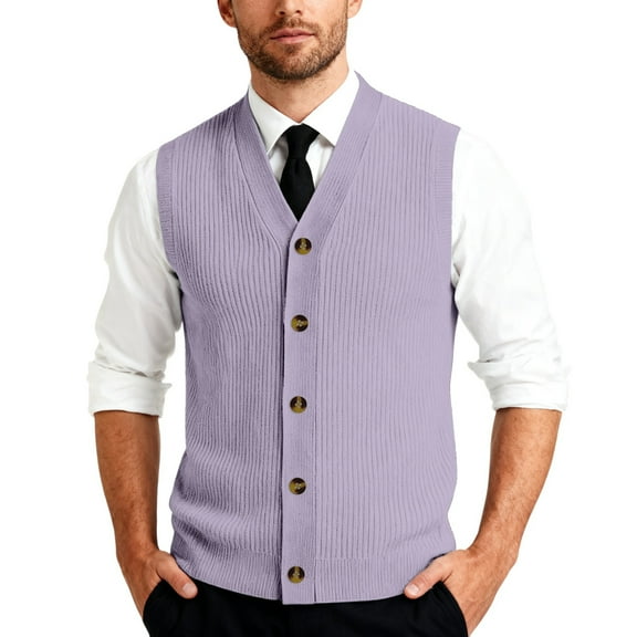 Resicozy Men's Sleeveless Sweater Vest V-Neck Casual Knit Button Down Solid Color Cardigan Vest Light Purple L