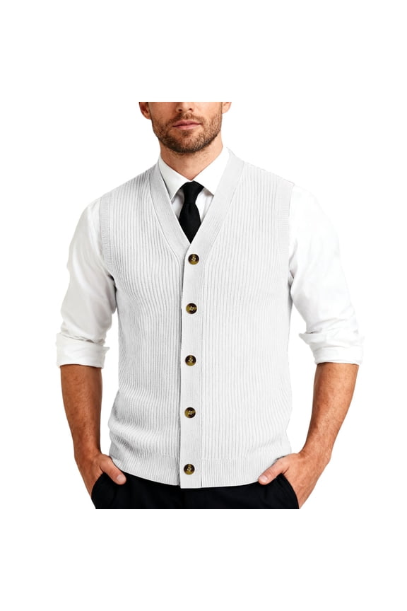 Men's Sleeveless Sweater Vest V-Neck Casual Knit Button Down Solid Color Cardigan Vest White 5XL