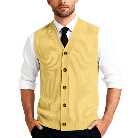 Resicozy Men's Sleeveless Sweater Vest V-Neck Casual Knit Button Down Solid Color Cardigan Vest Yellow L
