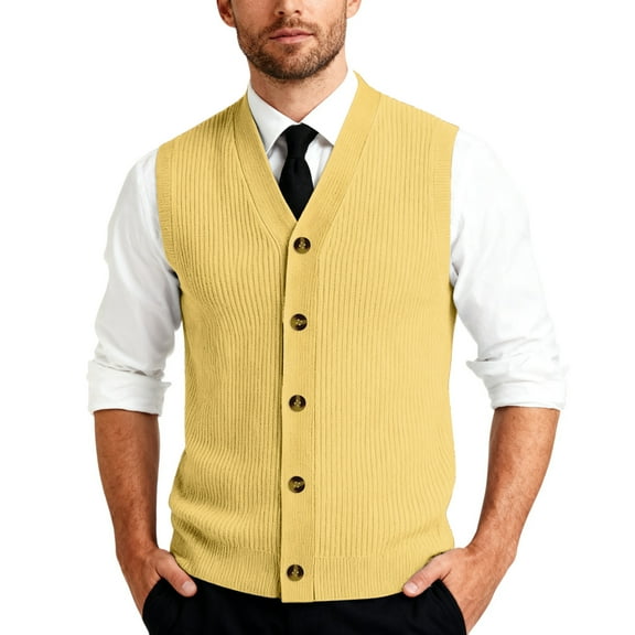 Resicozy Men's Sleeveless Sweater Vest V-Neck Casual Knit Button Down Solid Color Cardigan Vest Yellow XL