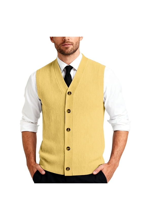 Men's Sleeveless Sweater Vest V-Neck Casual Knit Button Down Solid Color Cardigan Vest Yellow XL