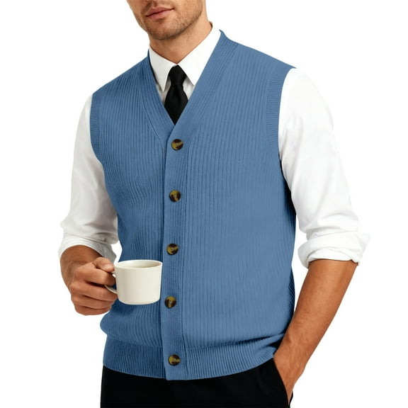 Resicozy Men's Sweater Vest Solid Color V Neck Sleeveless Knitted Button Down Cardigan Big and Tall Vest Dark Blue 3XL