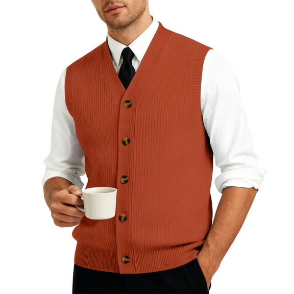 Resicozy Men's Sweater Vest Solid Color V Neck Sleeveless Knitted Button Down Cardigan Big and Tall Vest Ginger 4XL
