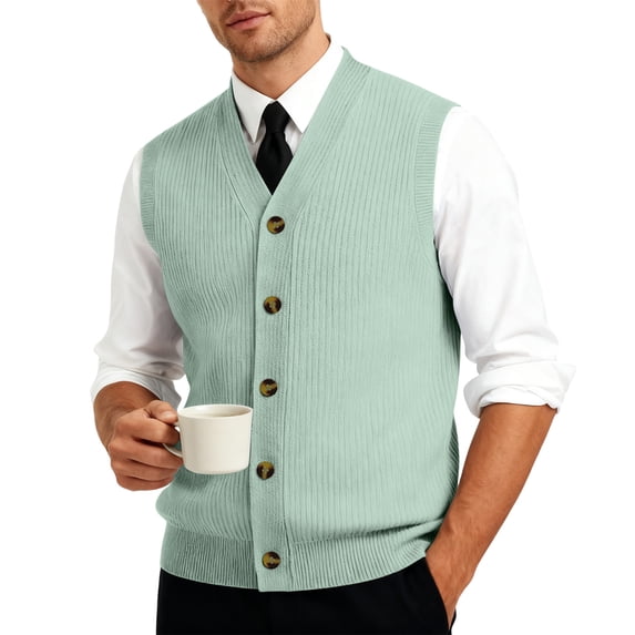 Resicozy Men's Sweater Vest Solid Color V-Neck Sleeveless Knitted Button Down Cardigan Big and Tall Vest Light Green XL