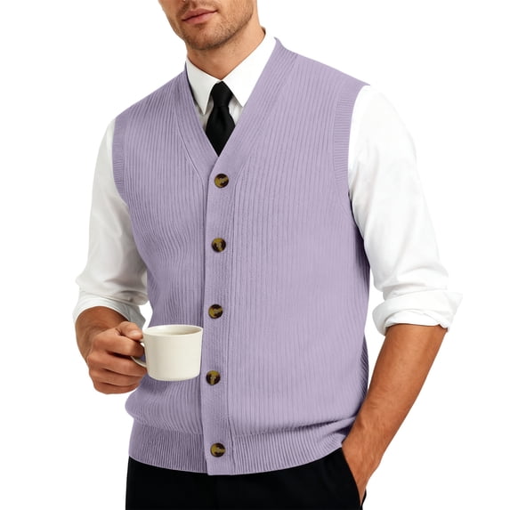 Resicozy Men's Sweater Vest Solid Color V-Neck Sleeveless Knitted Button Down Cardigan Big and Tall Vest Light Purple M