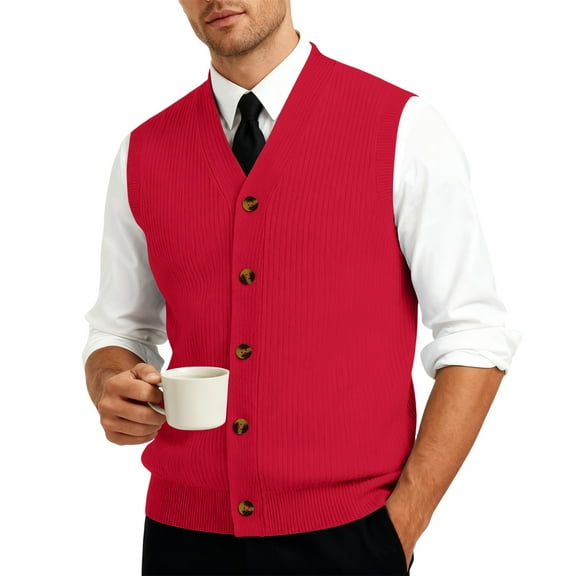Resicozy Men's Sweater Vest Solid Color V Neck Sleeveless Knitted Button Down Cardigan Big and Tall Vest Red L