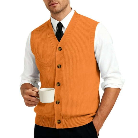 Resicozy Men's Sweater Vest Solid Color V Neck Sleeveless Knitted Button Down Cardigan Big and Tall Vest Saffron 3XL
