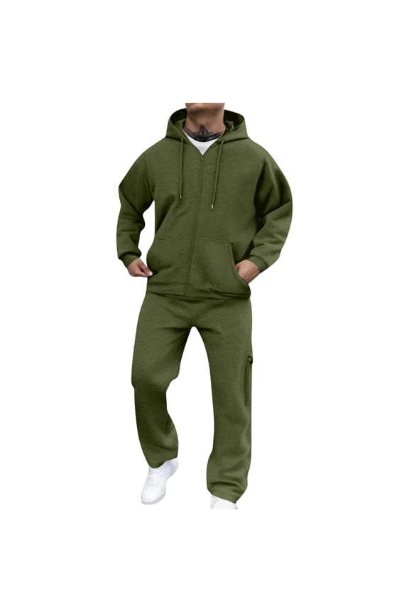 Men's Tracksuit 2 Piece Set Zip Up Hoodie and Wide Leg Sweatpants Set with Pockets Soft Comfortable for Daily Wear Gym Army Green 2XL