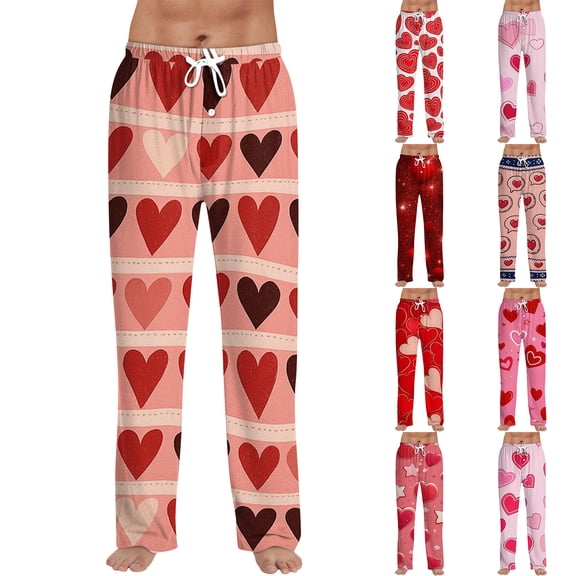 Resicozy Men's Valentine Pajama Pants Soft Lightweight Fashion Heart Printed Lounge Sleep Bottoms with Pockets Drawstring Pink M