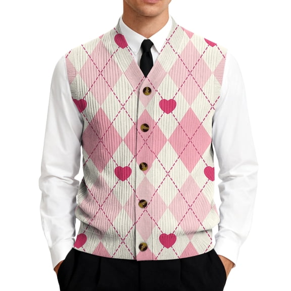Resicozy Men's Valentines Day Sweater Vest Dressy Knit V Neck Button Down Casual Print Sleeveless Cardigan Sweaters Pink#1 L