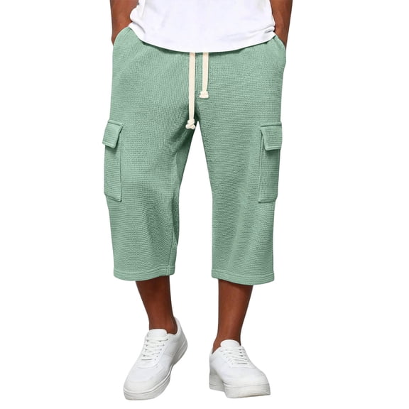 Resicozy Men's Waffle Cargo Capri Baggy Below Knee Summer Sweat Shorts Elastic Waist Athletic Casual Drawstring Pocketed 2026 Light Green XL