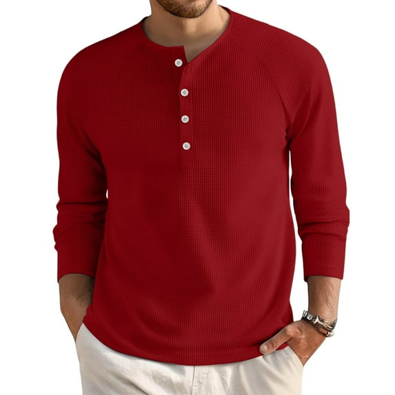 Resicozy Men's Waffle Henley Shirts Crewneck Long Sleeve Button Casual T-Shirt Big and Tall Basic Tops Wine 3XL