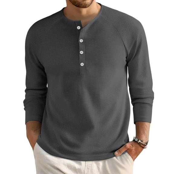 Resicozy Men's Waffle Long Sleeve Henley T-Shirt, Casual Button Down Shirts Crew Neck Lightweight Sweatshirts Basic Tee Dark Gray L