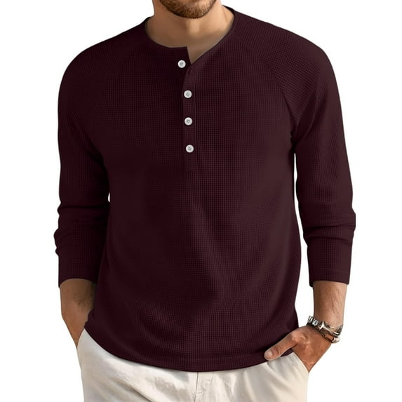 Resicozy Men's Waffle Long Sleeve Henley T-Shirt, Casual Button Down Shirts Crew Neck Lightweight Sweatshirts Basic Tee Deep Red M