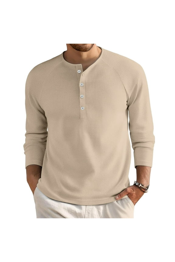 Men's Waffle Long Sleeve Shirts, Crew Neck Button Down Henley Shirt Basic Tops Casual Pullover Sweaters Knit Undershirts Beige M