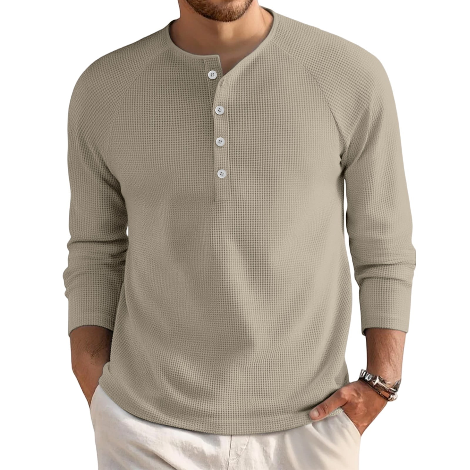 Resicozy Men's Waffle Long Sleeve Shirts, Crew Neck Button Down Henley ...