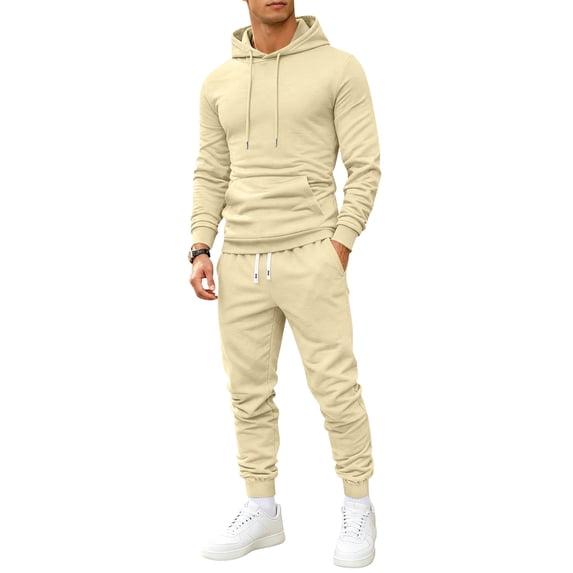 Resicozy Mens 2 Piece Tracksuit Fleece Hooded Sweatshirt Sweatpants Set Casual Athletic Sweatsuit Khaki XL