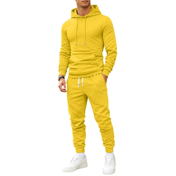 Resicozy Mens 2 Piece Tracksuit Fleece Hooded Sweatshirt Sweatpants Set Casual Athletic Sweatsuit Yellow S