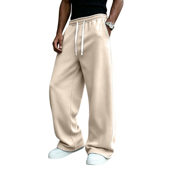 Resicozy Mens Baggy Sweatpants Wide Leg Streetwear Casual Lounge Pants Drawstring Elastic Waist Solid Sweat Pants with Pockets Beige M