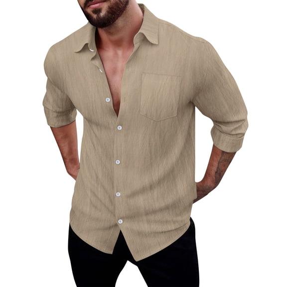 Resicozy Mens Button Down Shirt Cotton Linen Casual Long Sleeve Shirt Solid Collared Hippie Beach Tops with Pockets Khaki XL