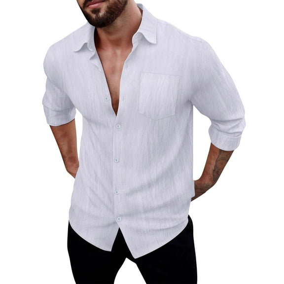 Resicozy Mens Button Down Shirt Cotton Linen Casual Long Sleeve Shirt Solid Collared Hippie Beach Tops with Pockets White 2XL