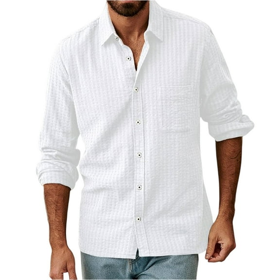 Resicozy Mens Button Down Shirt Cotton Linen Casual Long Sleeve Shirts Solid Collared Hippie Beach Tops with Pocket White L