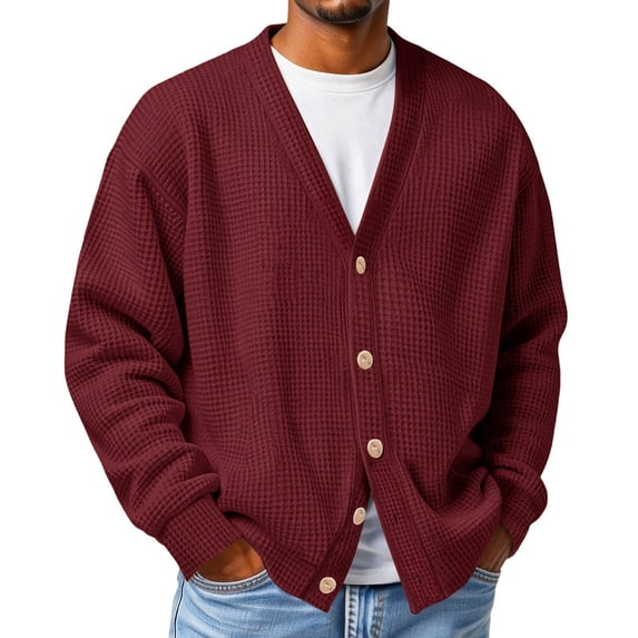 Resicozy Mens Cardigan Sweater Waffle Knit Long Sleeve Cardigan Open Front Lightweight Casual Button Down Cardigan Wine S
