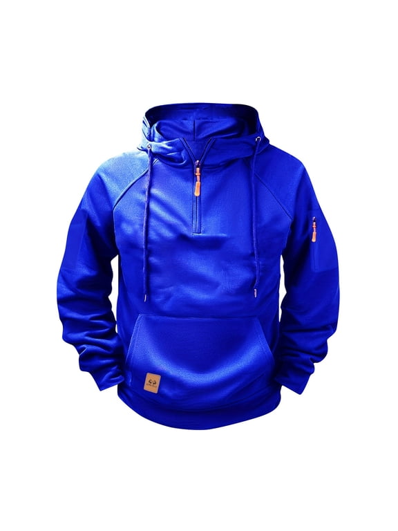 Mens Cargo Hoodies Tactical Sweatshirt Quarter Zip Pullover Hoodies Workout Gym Fashion Outdoor Hoodie with Pockets Blue M