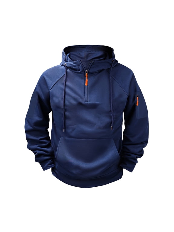 Mens Cargo Hoodies Tactical Sweatshirt Quarter Zip Pullover Hoodies Workout Gym Fashion Outdoor Hoodie with Pockets Navy 2XL
