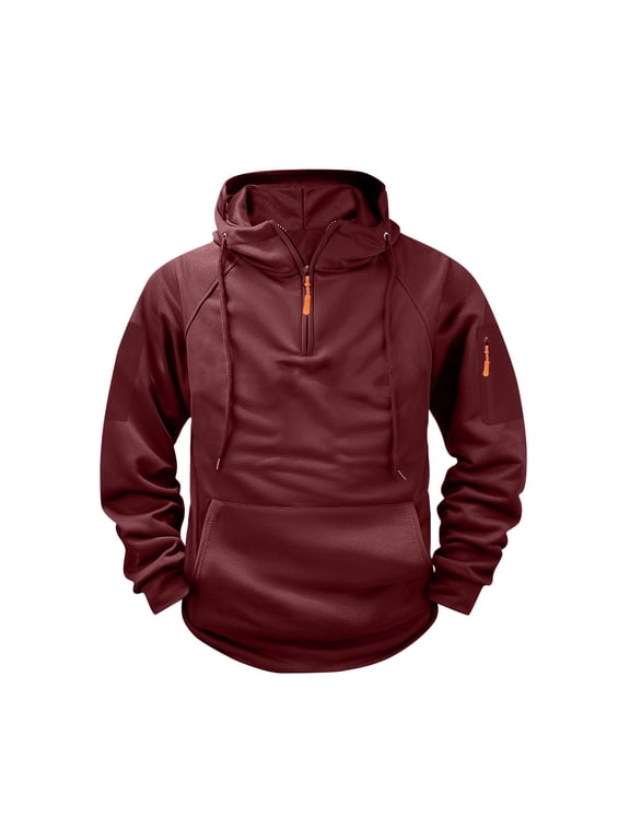 Mens Cargo Hoodies Tactical Sweatshirt Quarter Zip Pullover Hoodies Workout Gym Fashion Outdoor Hoodie with Pockets Wine 3XL