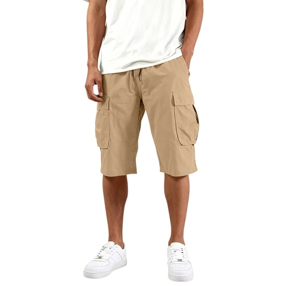 Resicozy Mens Cargo Shorts Elastic Waist Drawstring Baggy Short Summer Work Casual Solid Sweatpants Shorts with Pockets Khaki 2XL