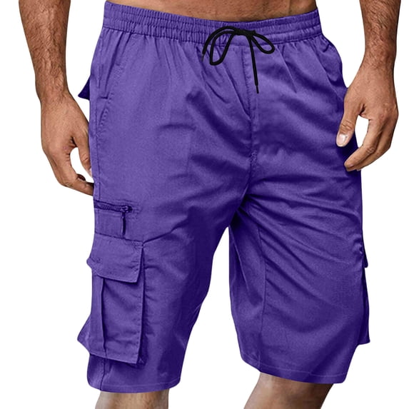 Resicozy Mens Cargo Shorts Lightweight Elastic Waist Knee Length Bermuda Shorts with Pockets Summer Short Cargo Pants Dark Purple 3XL