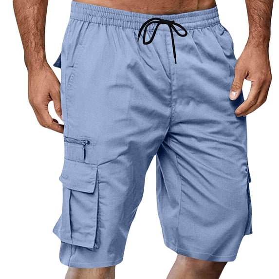 Resicozy Mens Cargo Shorts Lightweight Elastic Waist Knee Length Bermuda Shorts with Pockets Summer Short Cargo Pants Light Blue 2XL