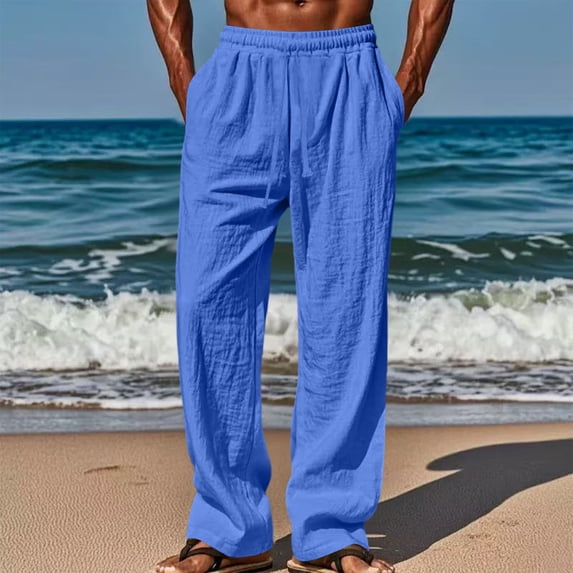 Resicozy Mens Casual Cotton Linen Pants Drawstring Loose Fit Summer Beach Pants Lightweight Trousers with Pockets Blue 3XL