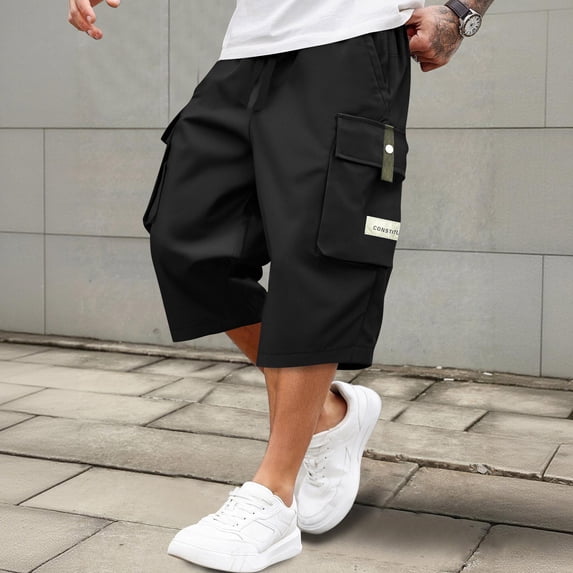 Resicozy Mens Casual Drawstring Capri Cargo Pants 2026 New Shorts 3/4 Knee Length Loose Fit Work Shorts Multi Pockets Black L