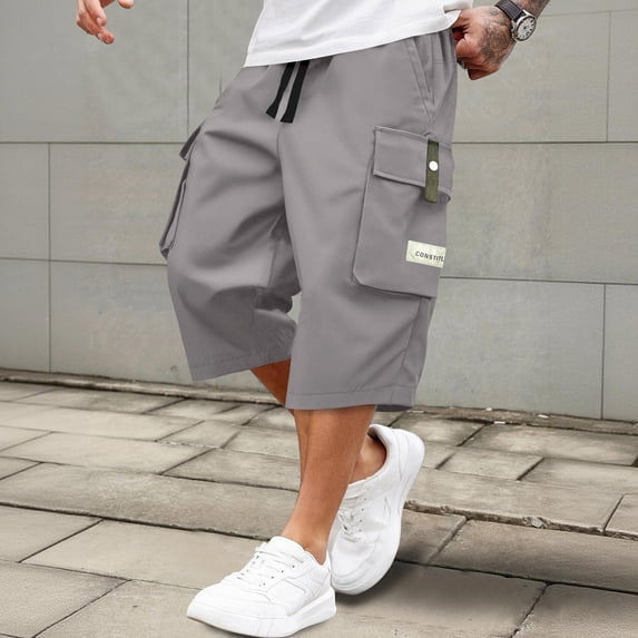 Resicozy Mens Casual Drawstring Capri Cargo Pants 2026 New Shorts 3/4 Knee Length Loose Fit Work Shorts Multi Pockets Light Gray XL