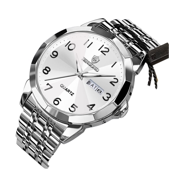 Resicozy Mens Casual Stainless Watchea Big Face Quartz Watch Classic Numeral Case Dress Watch Silver with White Face