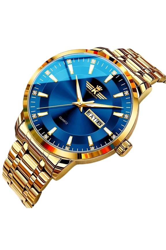 Mens Casual Stainless Watchea Big Face Quartz Watch Classic Numeral Dial Dress Watch Gold with Blue Face