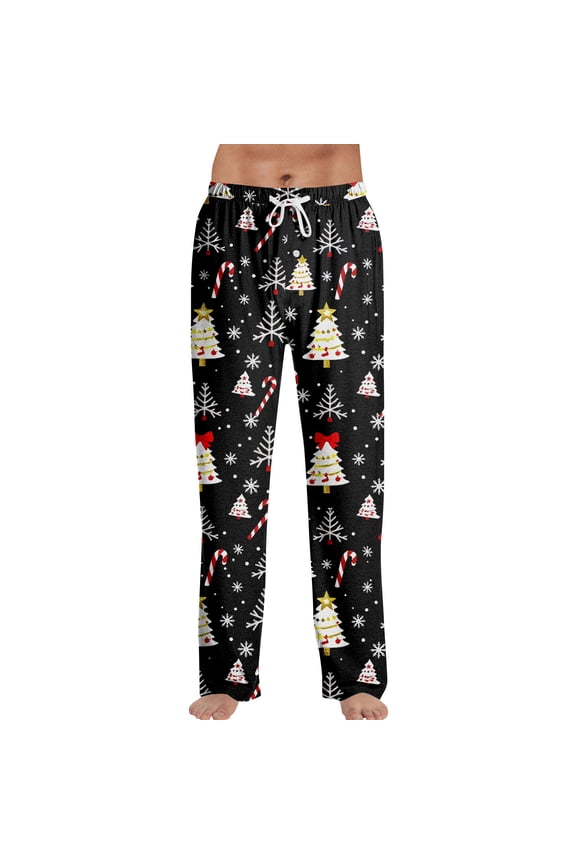 Mens Christmas Pajama Pants Funny Xmas Print Wide Leg Pant Holiday Pajamas with Pocket for Lounging Sleeping Party Navy L
