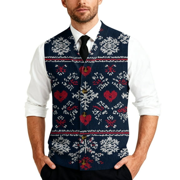 Resicozy Mens Christmas Sweater Vest Funny Xmas Printed Holiday Vests V Neck Casual Cardigan Vest Dark Blue L
