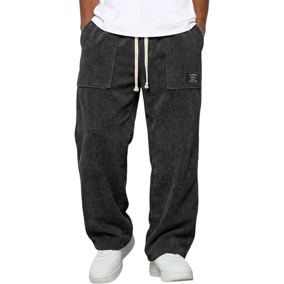 Resicozy Mens Corduroy Pants Wide Leg Fashion Casual Sweatpants Loose Fit Baggy Drawstring Elastic Waist Pant with Pockets Black XL
