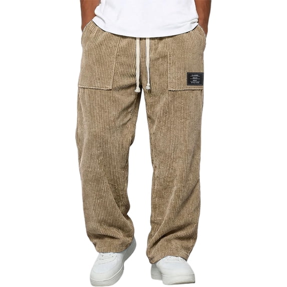 Resicozy Mens Corduroy Pants Wide Leg Fashion Casual Sweatpants Loose Fit Baggy Drawstring Elastic Waist Pant with Pockets Khaki 3XL