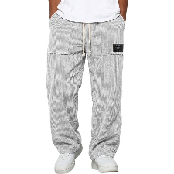 Resicozy Mens Corduroy Pants Wide Leg Fashion Casual Sweatpants Loose Fit Baggy Drawstring Elastic Waist Pant with Pockets Light Gray 2XL