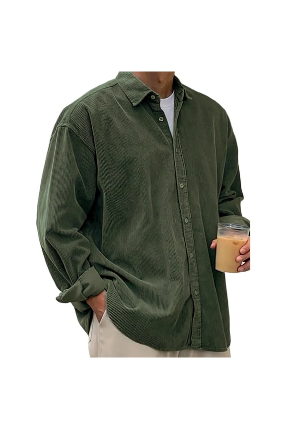 Mens Corduroy Shirt Long Sleeve Button Down Casual Fashion Blouses Plus Size Solid Tops Classic Tshirt Army Green S