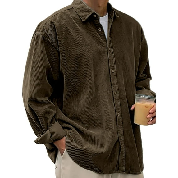 Resicozy Mens Corduroy Shirt Long Sleeve Button Down Casual Fashion Blouses Plus Size Solid Tops Classic Tshirt Brown XL