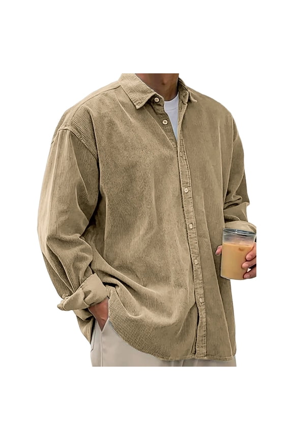 Mens Corduroy Shirt Long Sleeve Button Down Casual Fashion Blouses Plus Size Solid Tops Classic Tshirt Khaki XL