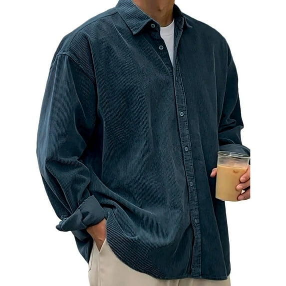 Resicozy Mens Corduroy Shirt Long Sleeve Button Down Casual Fashion Blouses Plus Size Solid Tops Classic Tshirt Navy M