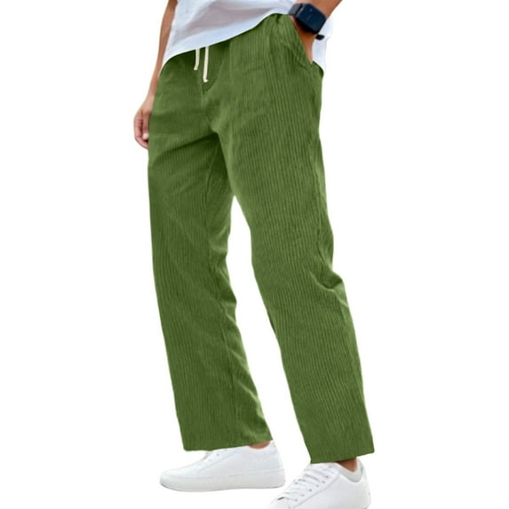 Resicozy Mens Corduroy Straight Leg Pants Long Solid Elastic Waist Casual Vintage Pants Loose Fit Going Out Pants with Pockets Green L